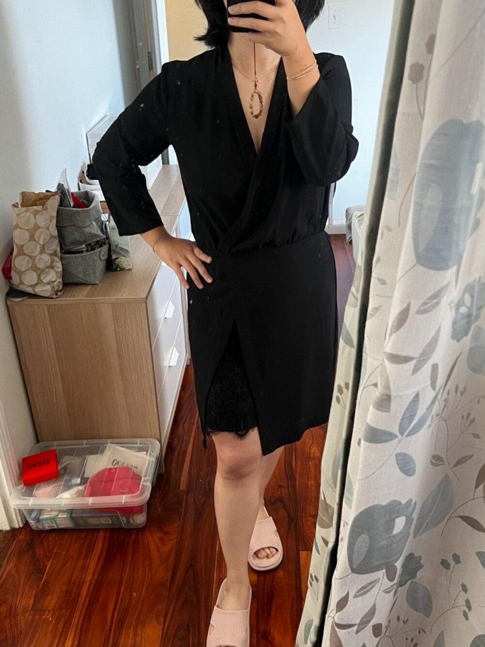 NSR Anthropologie Black Wrap Dress Lace Slit Size S NWT